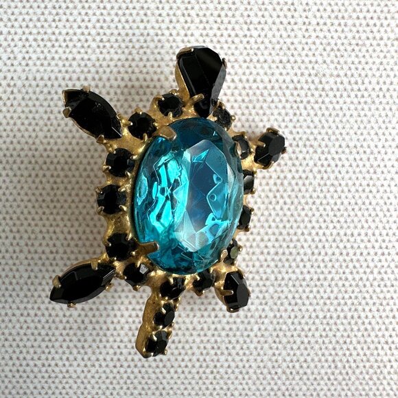 Vintage Turtle Brooch Teal Glass Rhinestones - Picture 10 of 10